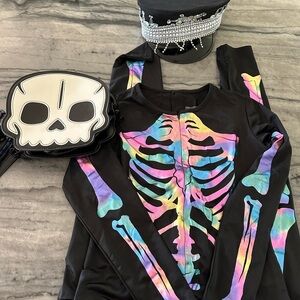 Tipsy Elves Halloween Skeleton bodysuit, hat and skeleton purse